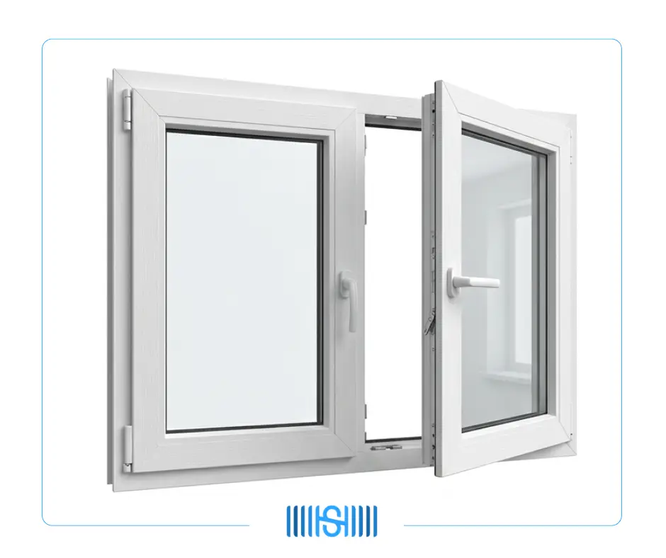 Ventana de PVC blanco de doble hoja con sistema oscilobatiente y cierre hermético. Carpintería europea de alta eficiencia energética para hogares en Lima.