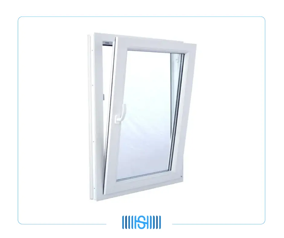 Ventana oscilobatiente de PVC blanco en modo de apertura superior para ventilación segura. Sistema de carpintería hermética Swedish House.